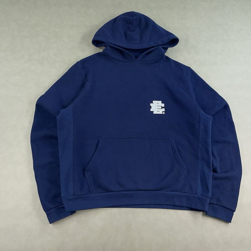 Eric Emanuel Hoodie Mens XL Navy Blue Pullover Sweatshirt Basic Logo Boxy Fit